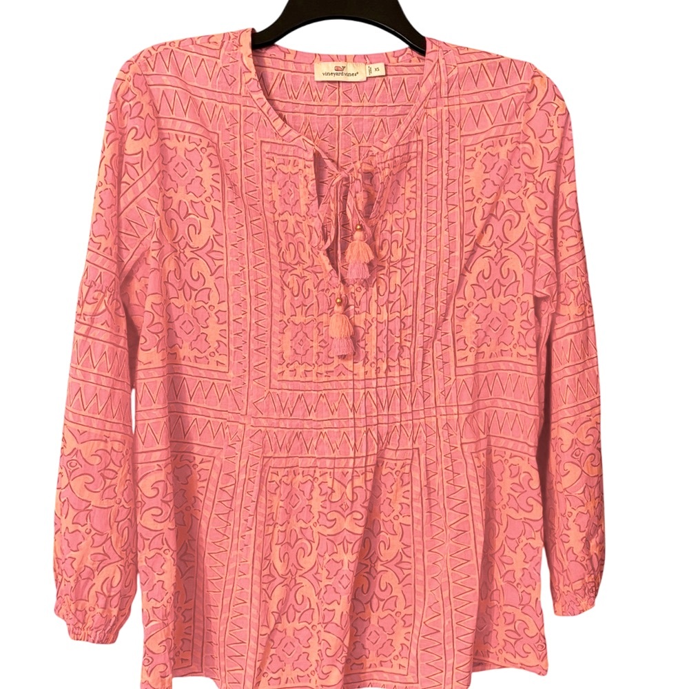 Vineyard Vines Cotton Shirt Boho Print Pleats XS Long Sleeves Bright Colors